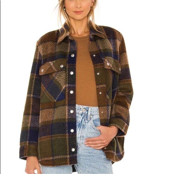 Blank NYC Hit the Trail Brown Plaid Flannel Shacket Jacket Med Snap Front Wool - Picture 1 of 9